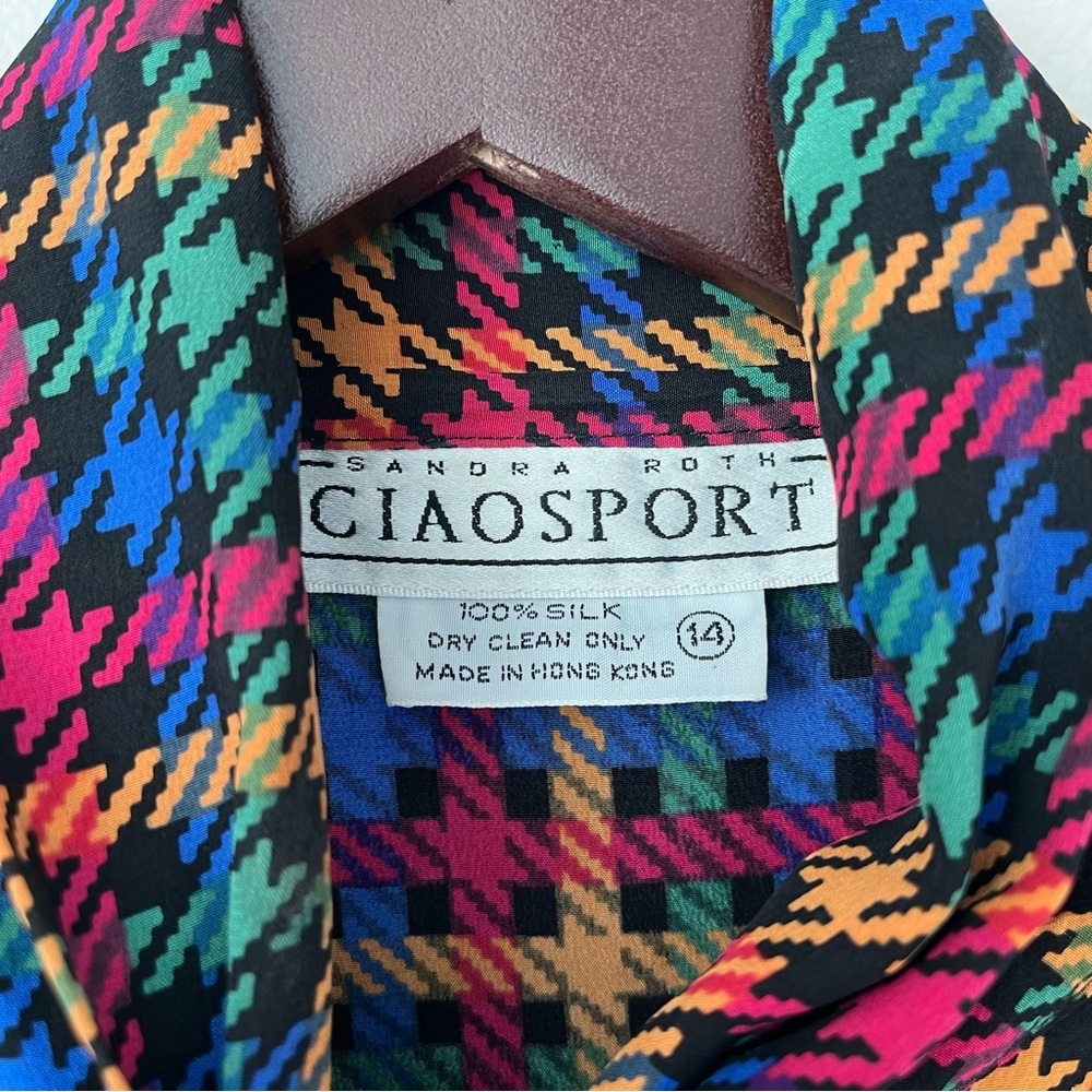 VTG CIAO SPORT Women’s 14 Multicolor Houndstooth Silk Tie Neck Blouse RETRO CHIC - Picture 2 of 10